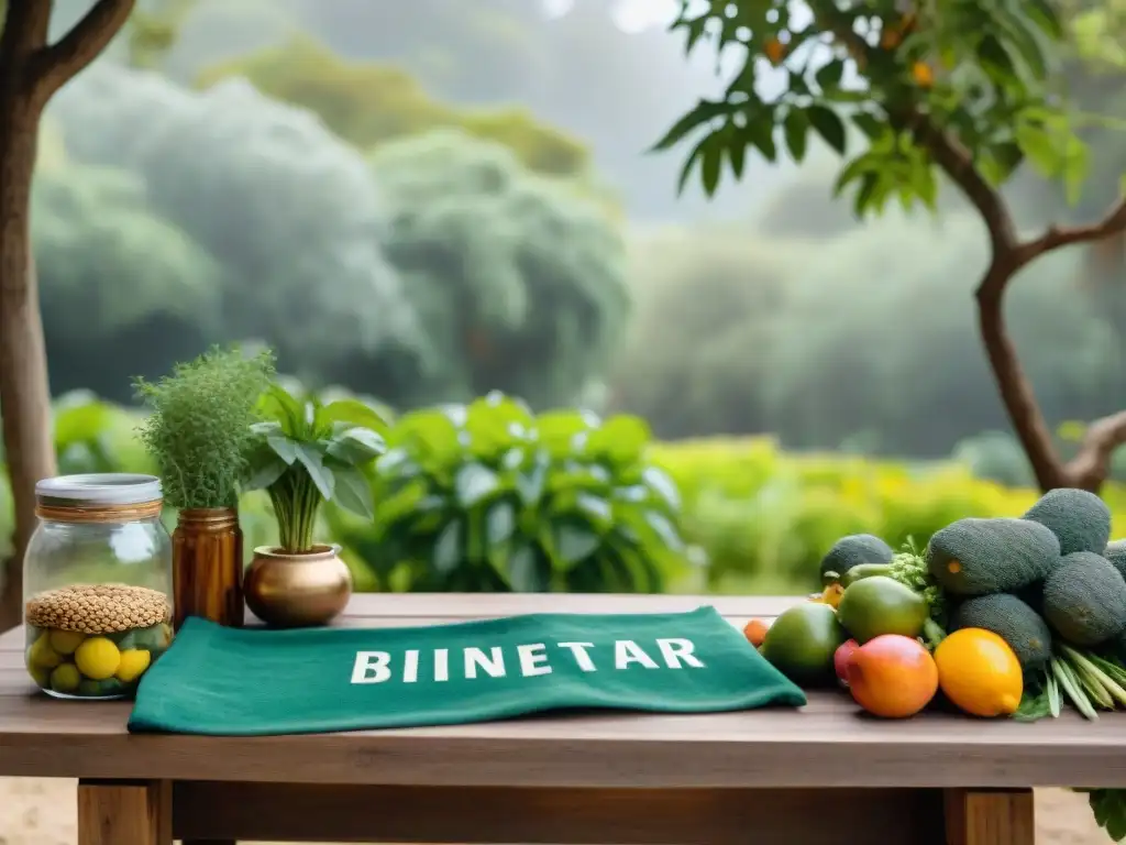 Un jardín exuberante en Uruguay con una mesa decorada con frutas frescas y alimentos saludables