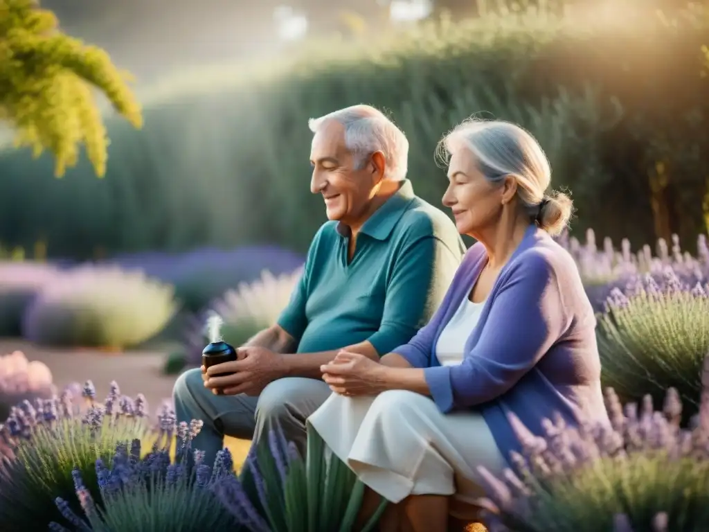 En un jardín exuberante, una pareja mayor disfruta de aromaterapia con aceites esenciales, creando un ambiente sereno y tranquilizador