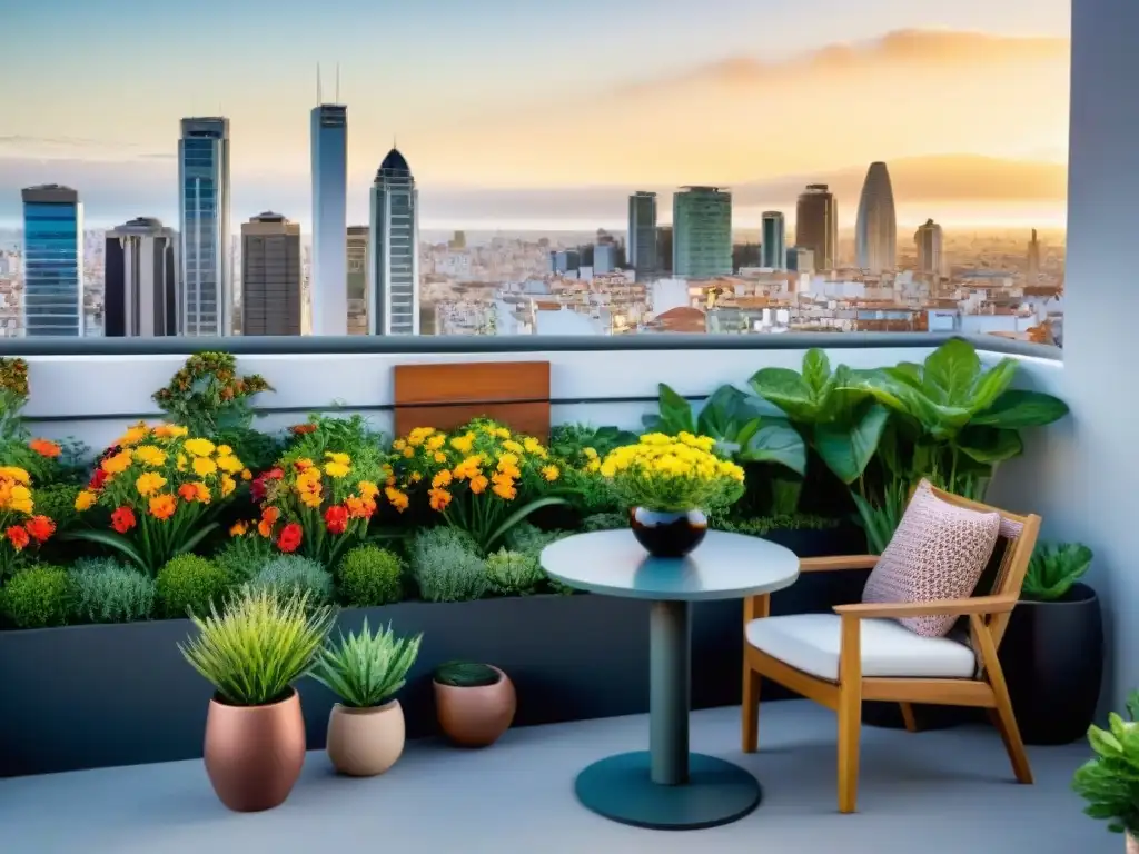 Un exuberante jardín urbano en Uruguay sobre una terraza con vistas a la ciudad