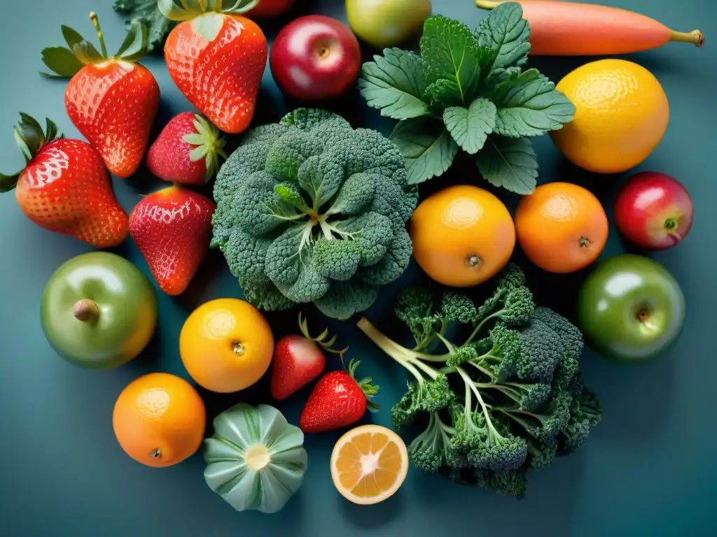 Una exuberante variedad de frutas y verduras frescas, vibrantes y detalladas, en un elegante y moderno entorno reflectante