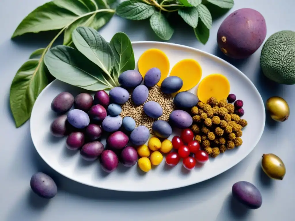 Una exuberante variedad de superalimentos exóticos de Uruguay en una presentación vibrante y detallada, ideal para una dieta balanceada