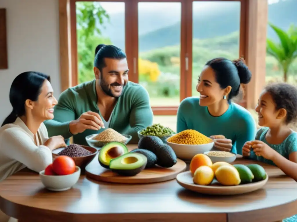 Una familia uruguaya disfruta de alimentos funcionales para bienestar uruguayo en una cocina moderna