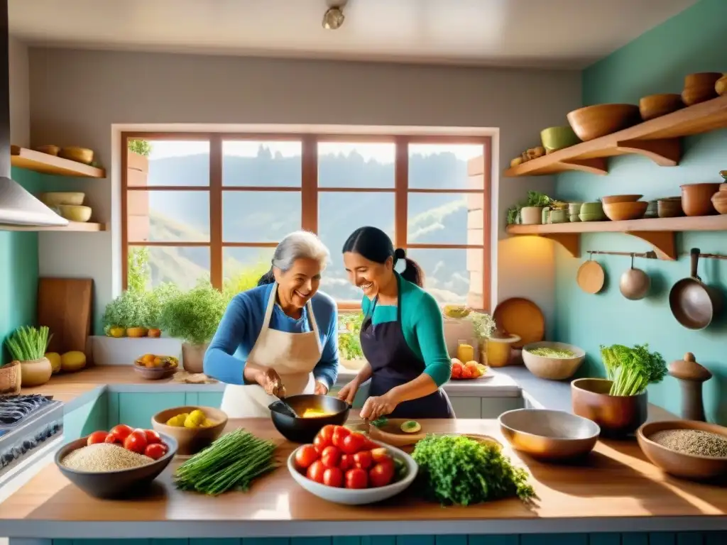 Una familia uruguaya prepara una comida sostenible y colorida en una cocina acogedora, rodeada de ingredientes locales frescos