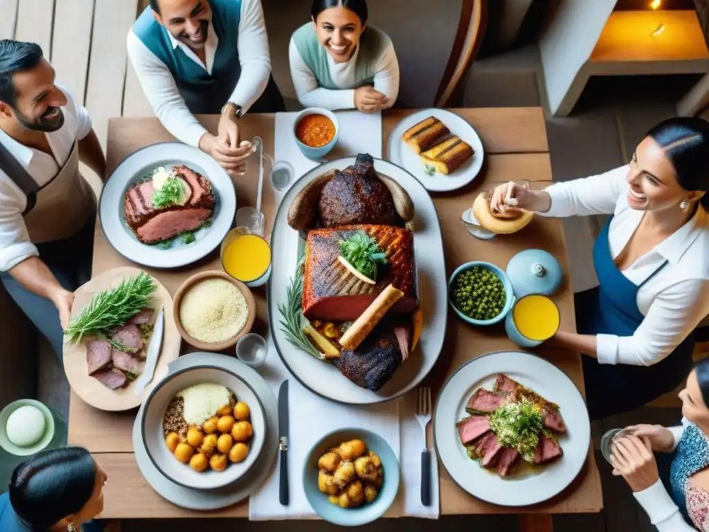 Una familia uruguaya disfruta de comidas tradicionales en una mesa elegantemente decorada