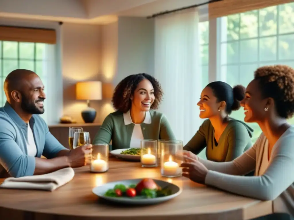 Una familia diversa disfruta de una cena con comunicación efectiva en la crianza