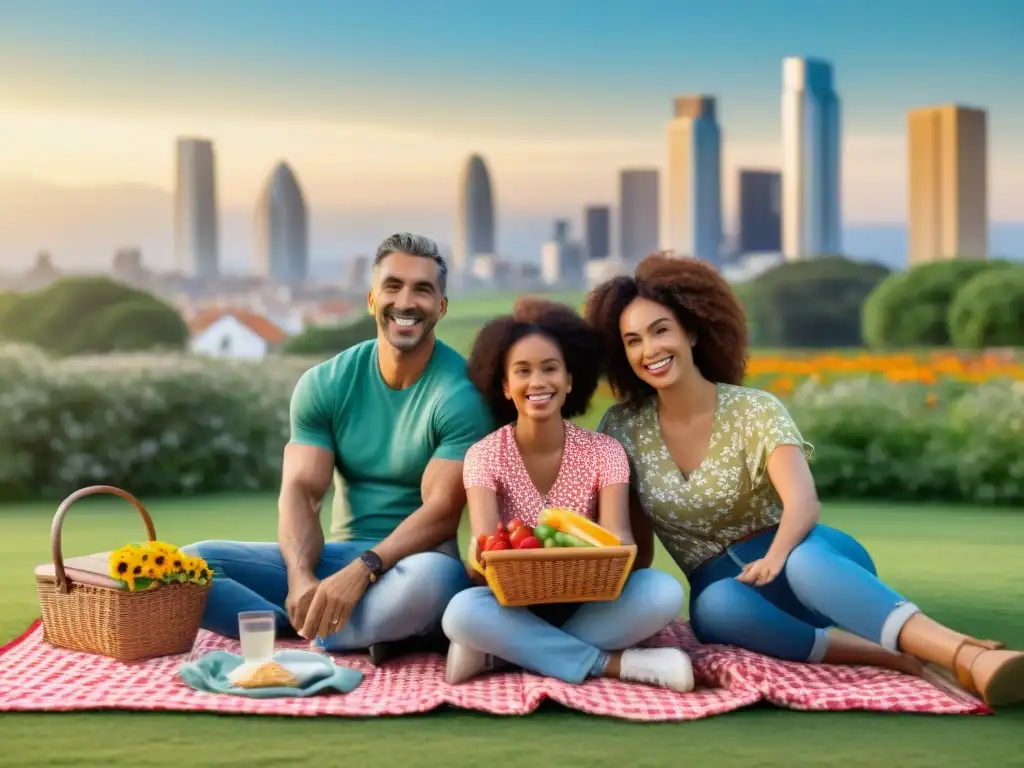 Familia diversa disfruta picnic en parque de Uruguay, simbolizando protección y futuro brillante con 'Seguros de salud para familias Uruguay'