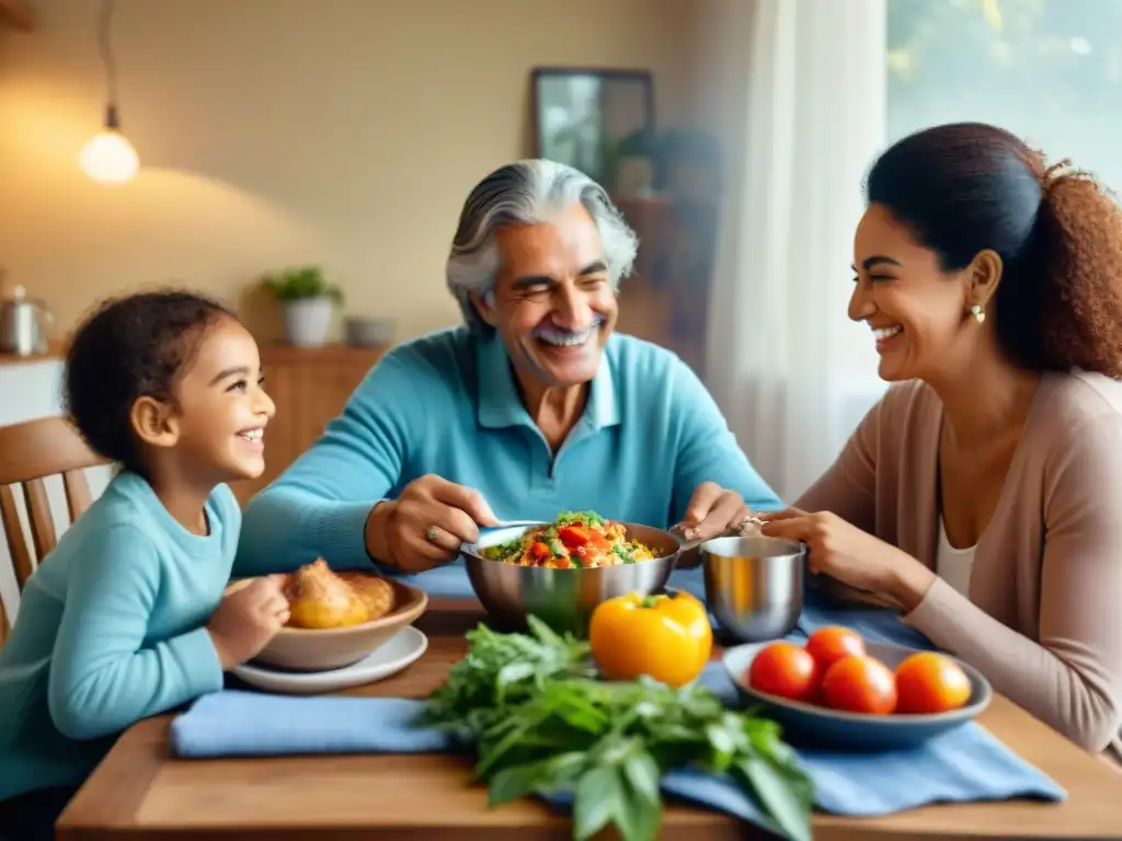 Una familia diversa y sonriente disfruta de una comida saludable juntos, transmitiendo amor y unión