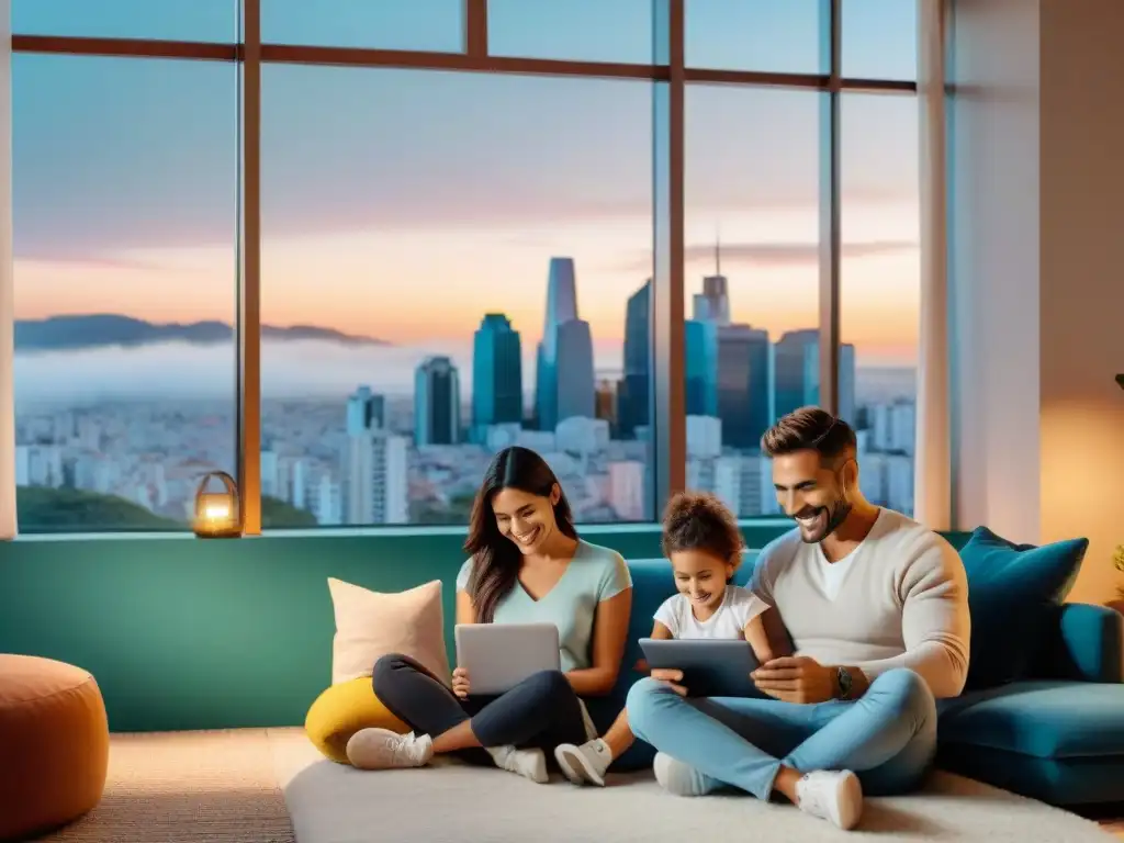 Una familia uruguaya feliz y moderna completando formularios de seguros de salud en una acogedora sala con vista a la ciudad al anochecer