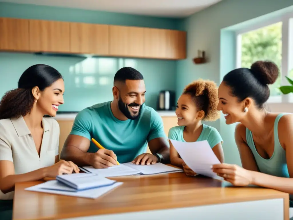 Una familia feliz discutiendo opciones de seguros de salud en una cocina acogedora