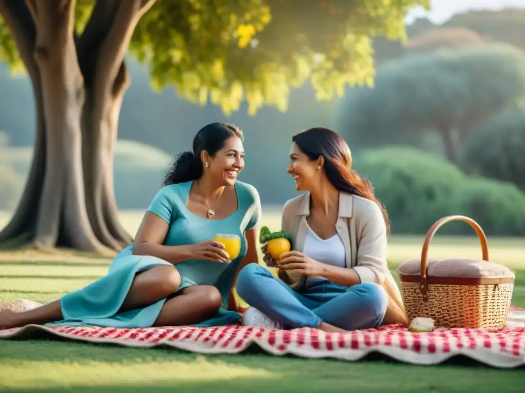 Una familia feliz disfruta de un picnic en un hermoso parque en Uruguay, reflejando diversidad y alegría