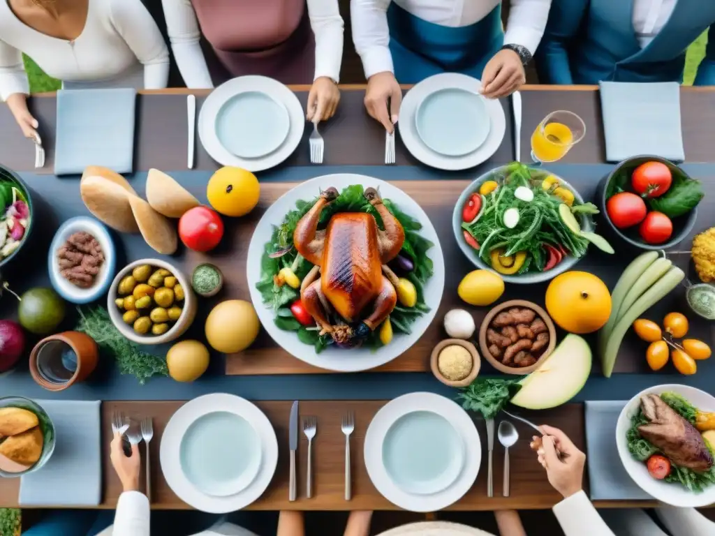 Una familia uruguaya disfruta de una mesa llena de comida saludable y colorida