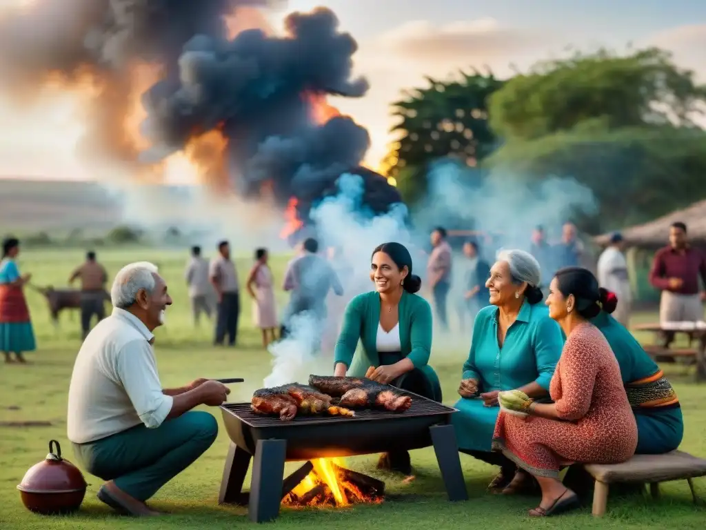 Una familia uruguaya multigeneracional disfruta de un asado en el campo al atardecer