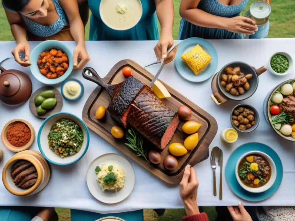 Una familia uruguaya tradicional disfruta de platos típicos como asado, chivito y mate, reflejando la dieta uruguaya en contexto global