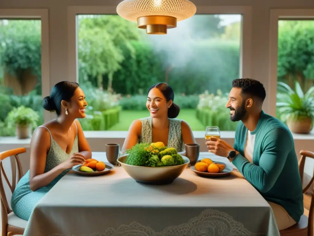 Una familia unida compartiendo una comida en un comedor acogedor con vistas a un jardín exuberante