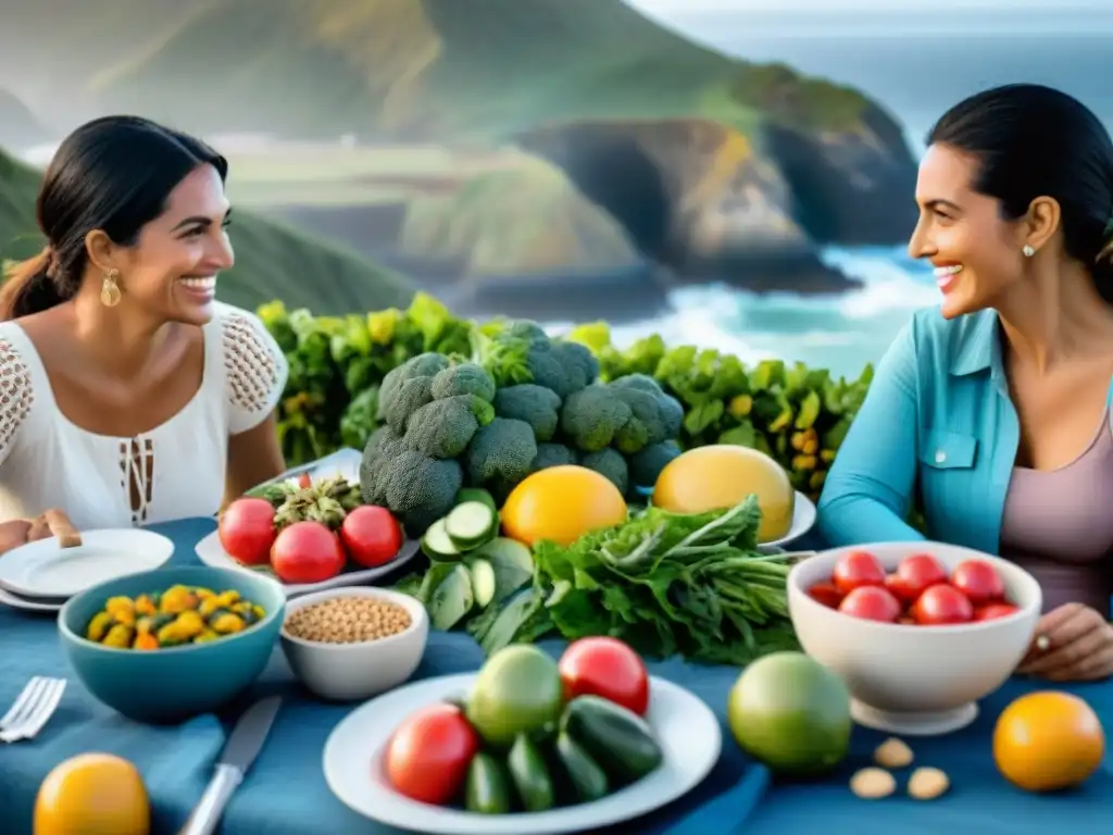 Una familia uruguaya disfrutando de una comida colorida y nutritiva en un entorno encantador, reflejando la dieta atlántica uruguaya corazón saludable