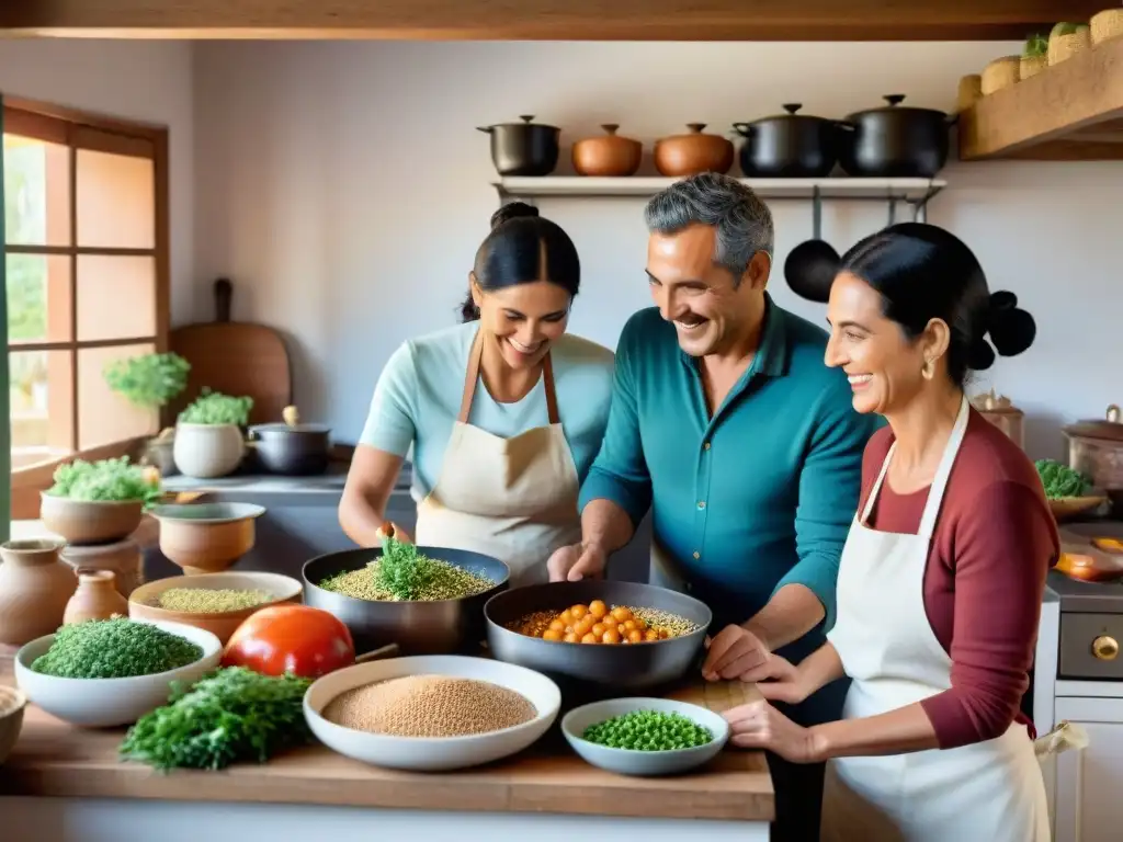 Una familia uruguaya preparando una comida sostenible juntos en una cocina acogedora