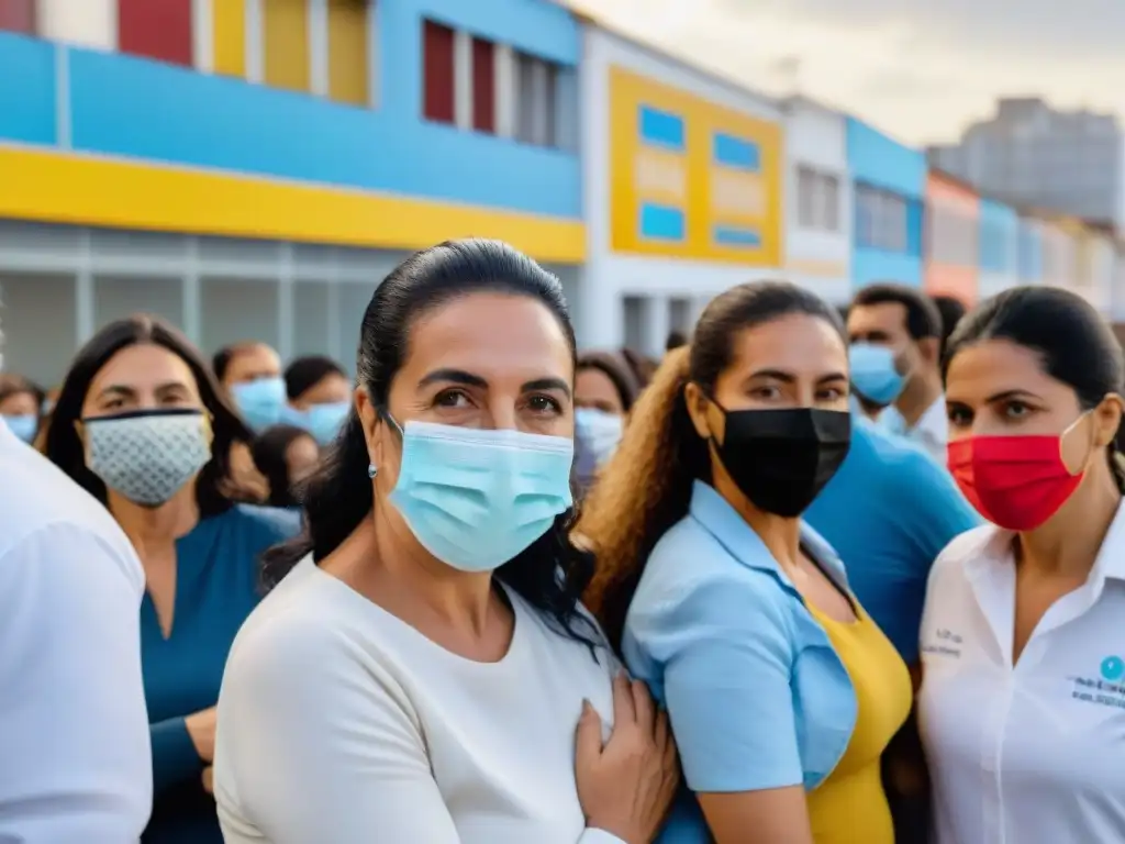 Familias uruguayas sonrientes en centro de vacunación, promoviendo 'Costo beneficio vacunas Uruguay'