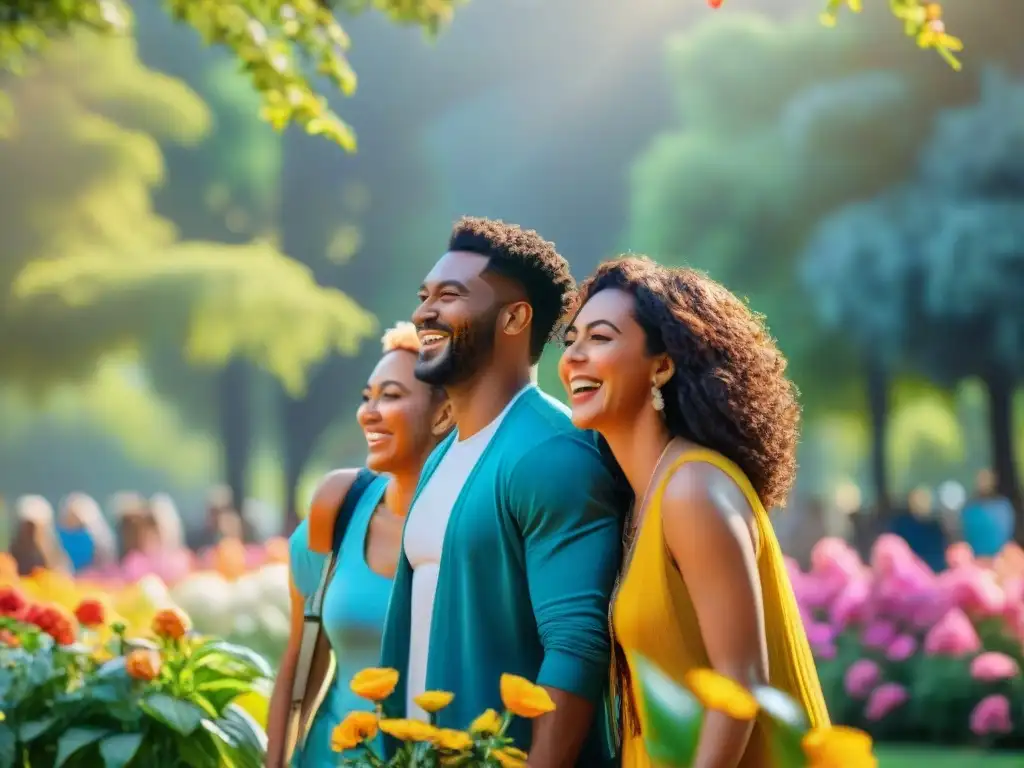 Felices personas de todas las edades y etnias se ríen juntas en un parque, radiando salud mental en Uruguay con humor