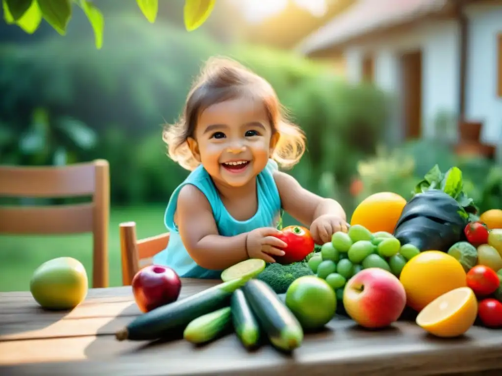 Niño feliz en jardín uruguayo, disfrutando de una dieta y bienestar emocional con su familia