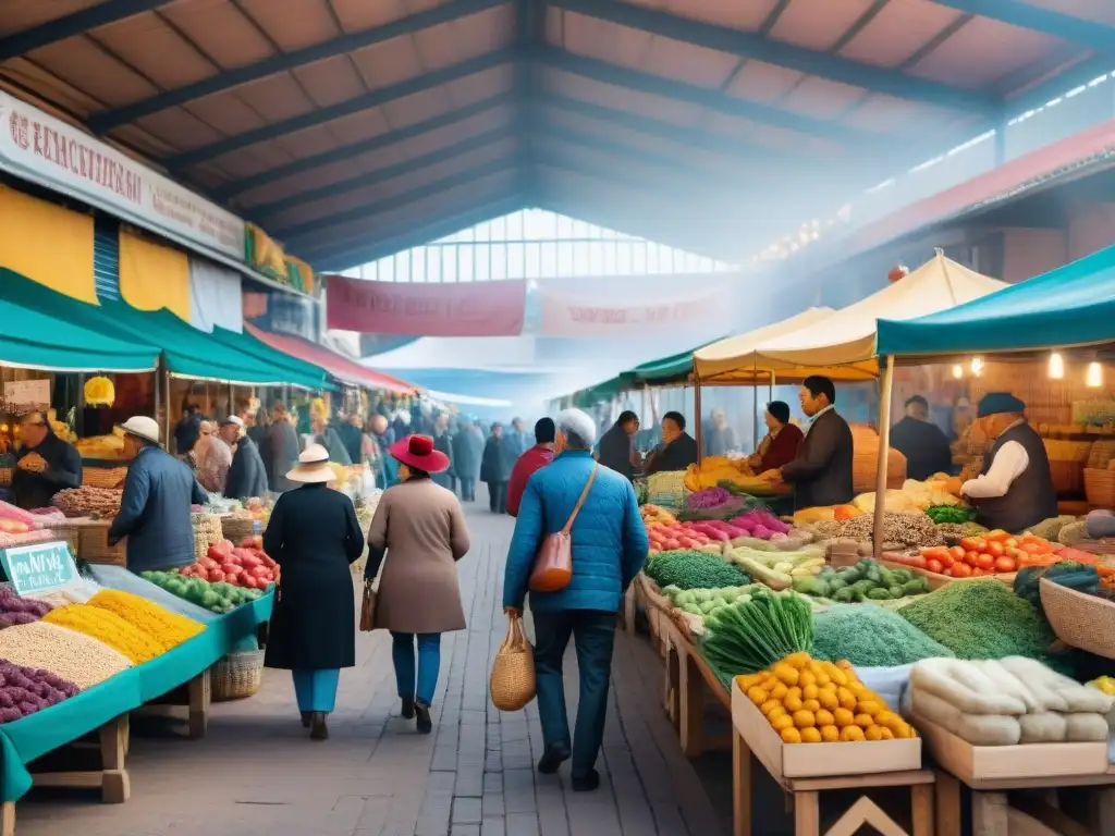 Una feria comunitaria vibrante en Uruguay con residentes de diversos orígenes intercambiando productos y experiencias