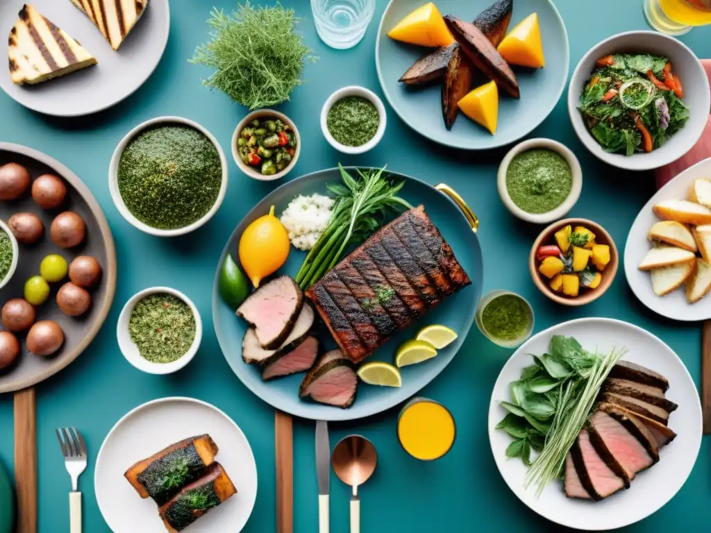 Un festín de asado uruguayo saludable, con cortes de carne, ensaladas coloridas y chimichurri, en una mesa elegante al aire libre