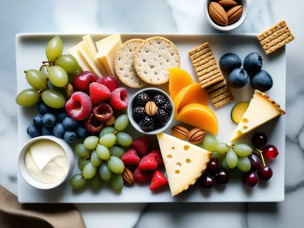 Un festín de charcutería con frutas y quesos artesanales sobre mármol blanco