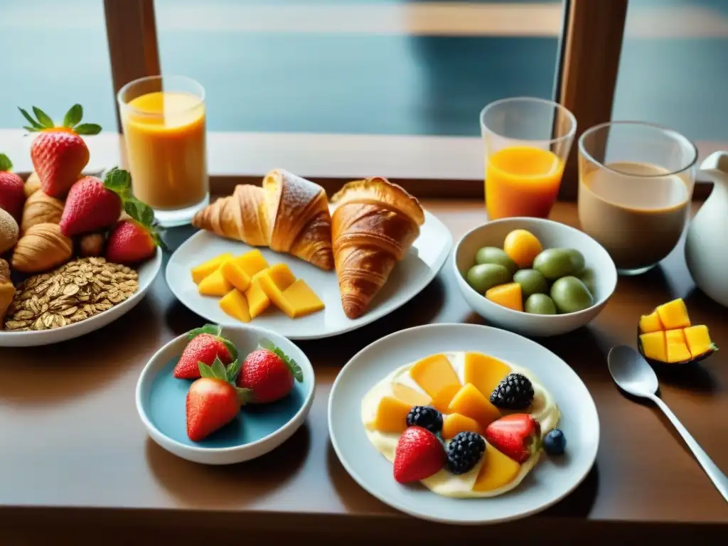 Un festín de desayunos energéticos en Uruguay: medialunas, frutas frescas, yogur con granola y café, iluminados por la cálida luz del sol