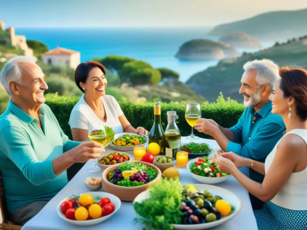 Un festín de felicidad y salud en terraza con vista al mar