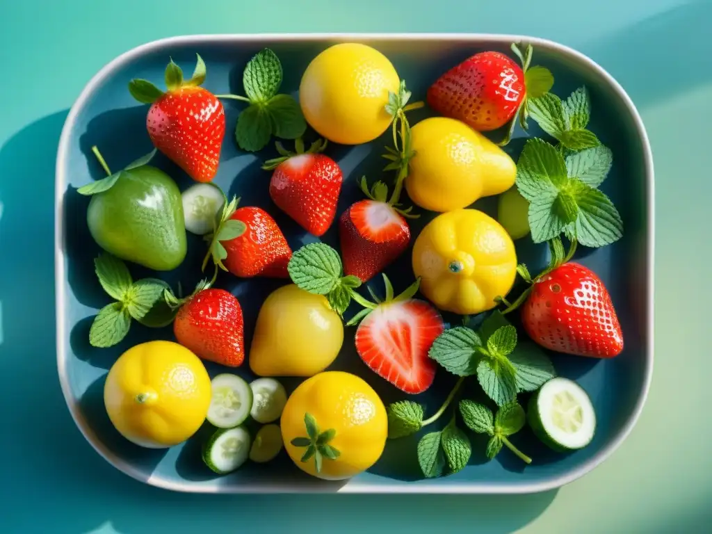 Un festín de frutas frescas y coloridas en una bandeja de vidrio, listas para deliciosas recetas de aguas saborizadas caseras en Uruguay