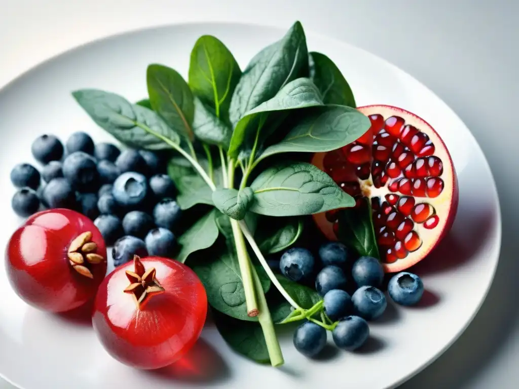 Un festín de frutas y verduras antioxidantes en un plato blanco, resaltando frescura y salud para recetas piel radiante antioxidantes en Uruguay