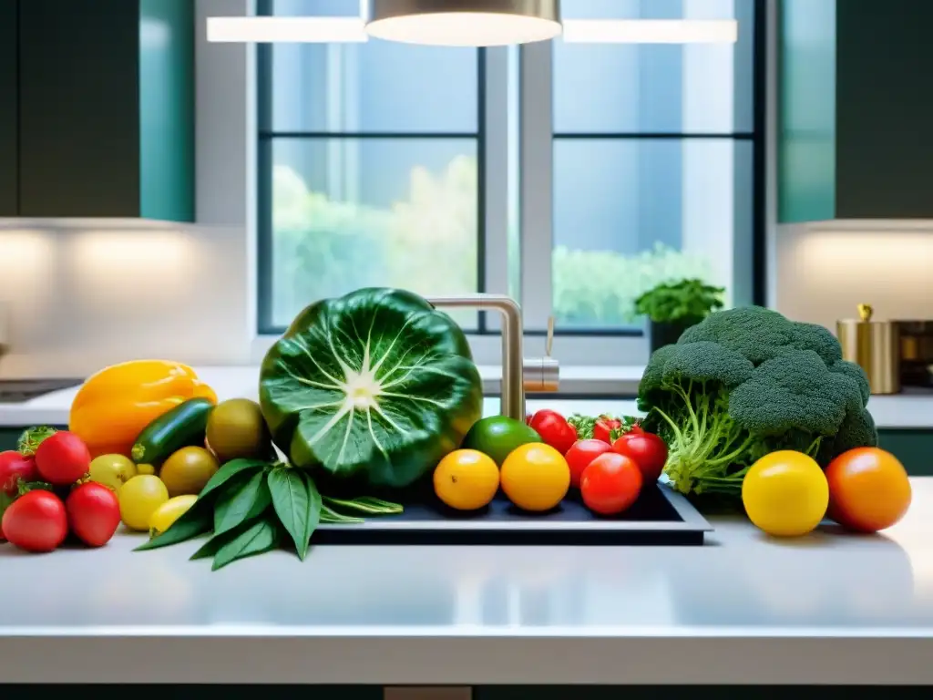 Un festín de frutas y verduras frescas en una cocina moderna, promoviendo la alimentación salud mental en Uruguay