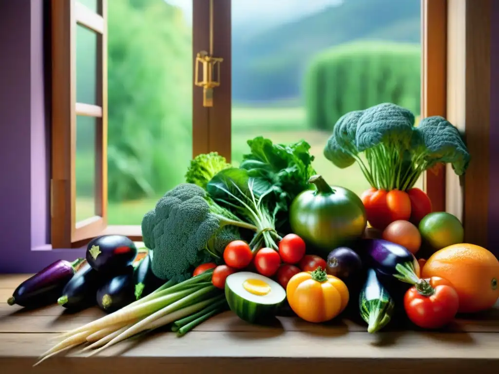 Un festín de frutas y verduras frescas en una mesa rústica, iluminado por el sol