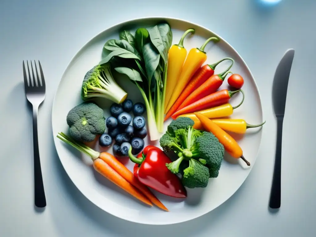 Un festín de frutas y verduras frescas en un plato blanco, resplandecientes bajo luz natural