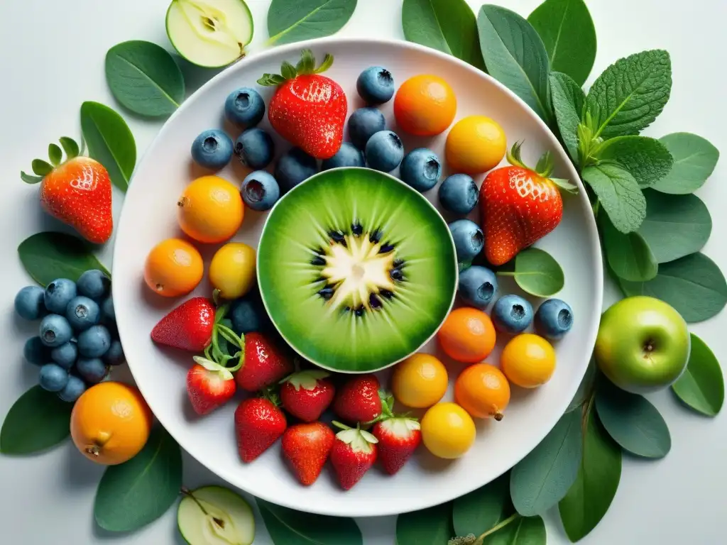 Un festín de frutas y verduras frescas, vibrantes y coloridas, dispuestas con esmero en un plato circular blanco