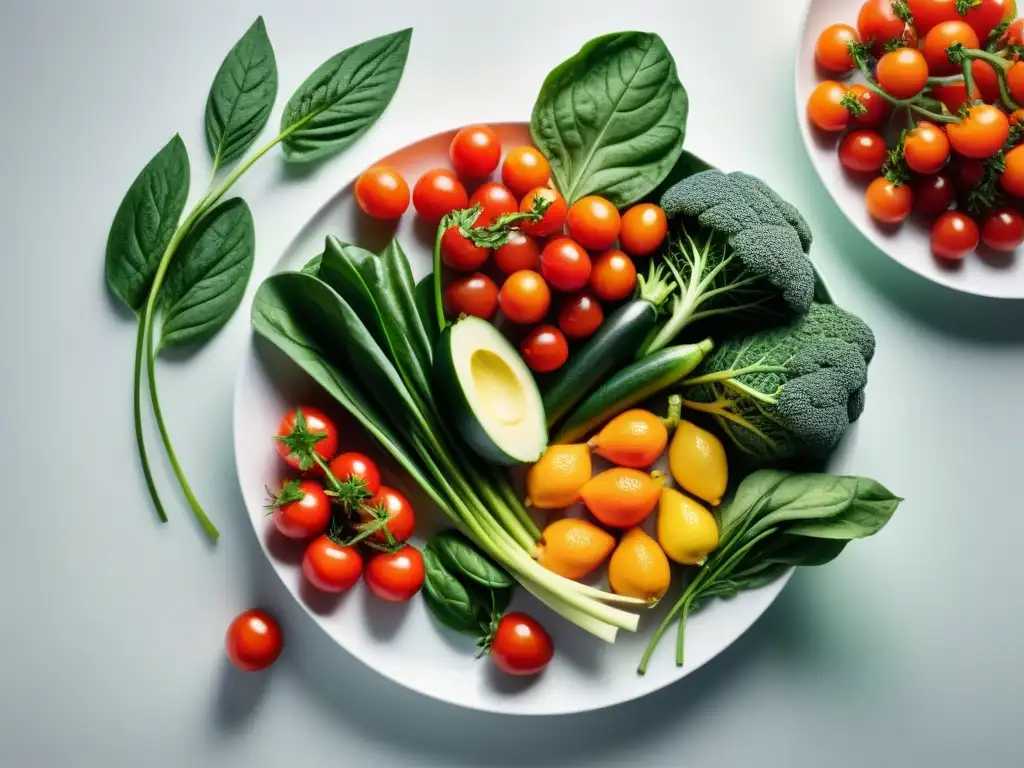 Un festín de frutas y verduras frescas en un plato blanco minimalista