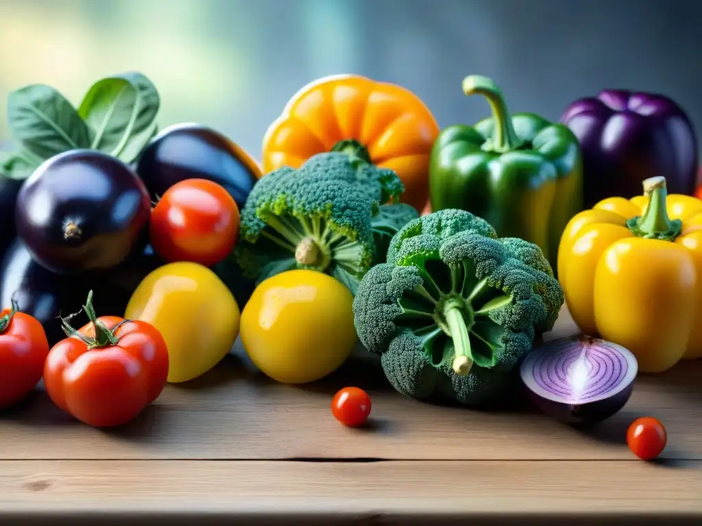 Un festín de frutas y verduras frescas en una mesa de madera, resplandeciendo con gotas de agua