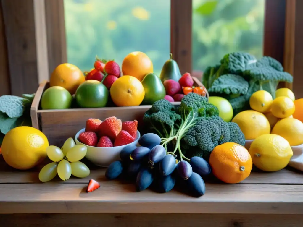 Un festín de frutas y verduras uruguayas frescas y orgánicas, resplandecientes y tentadoras en una mesa rústica de madera