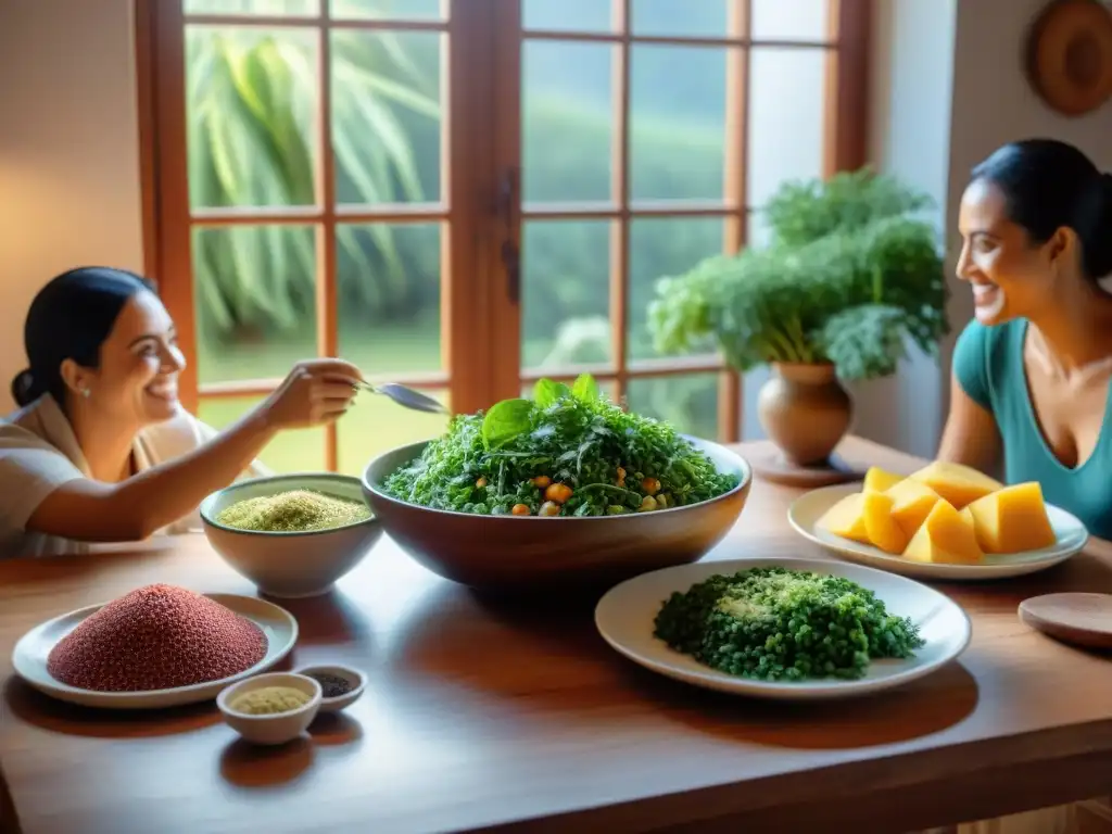 Un festín nutritivo con moringa en una cocina uruguaya, reunión familiar feliz