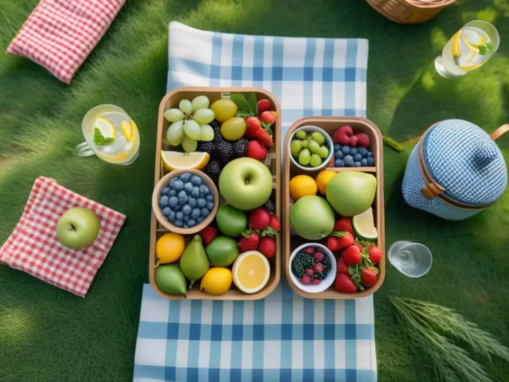 Un festín de picnic saludable al aire libre con frutas frescas, ensaladas coloridas y sándwiches integrales, todo dispuesto con elegancia en una manta a cuadros sobre el césped verde exuberante, resaltando la frescura y la diversidad de alimentos, perfecto para disfrutar al aire libre