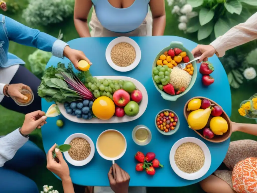 Un festín saludable y colorido en un jardín, con personas de diversas edades y etnias sonriendo juntas