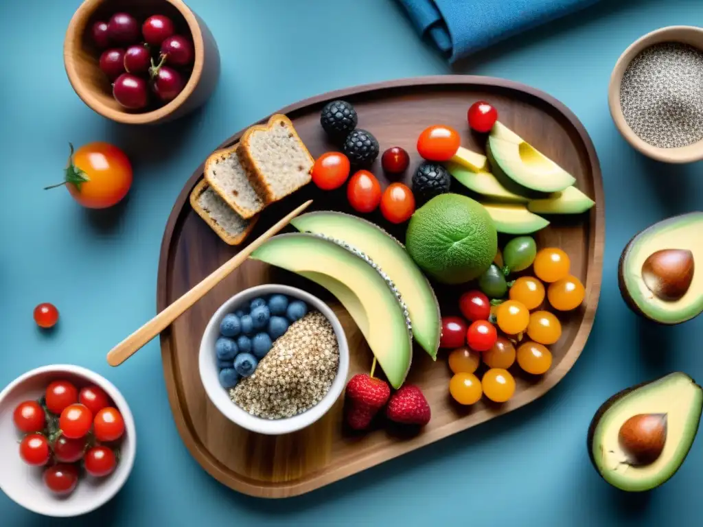 Un festín saludable con snacks variados y coloridos para uruguayos, en plato de madera