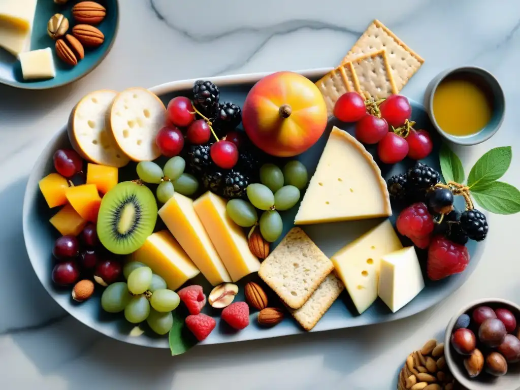 Un festín saludable y sofisticado con frutas frescas, quesos y frutos secos en una tabla de mármol