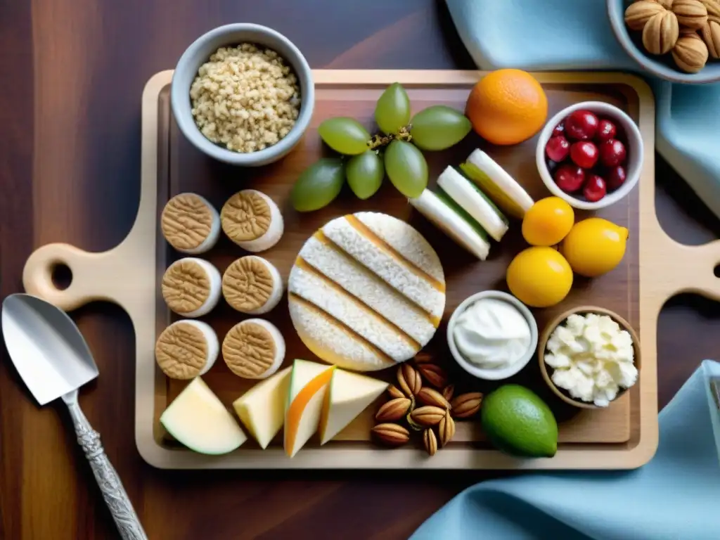 Un festín de Snacks saludables Uruguay: alfajores de avena, queso fresco con miel y dulce de leche con nueces, presentados con coloridas guarniciones de frutas frescas y hierbas