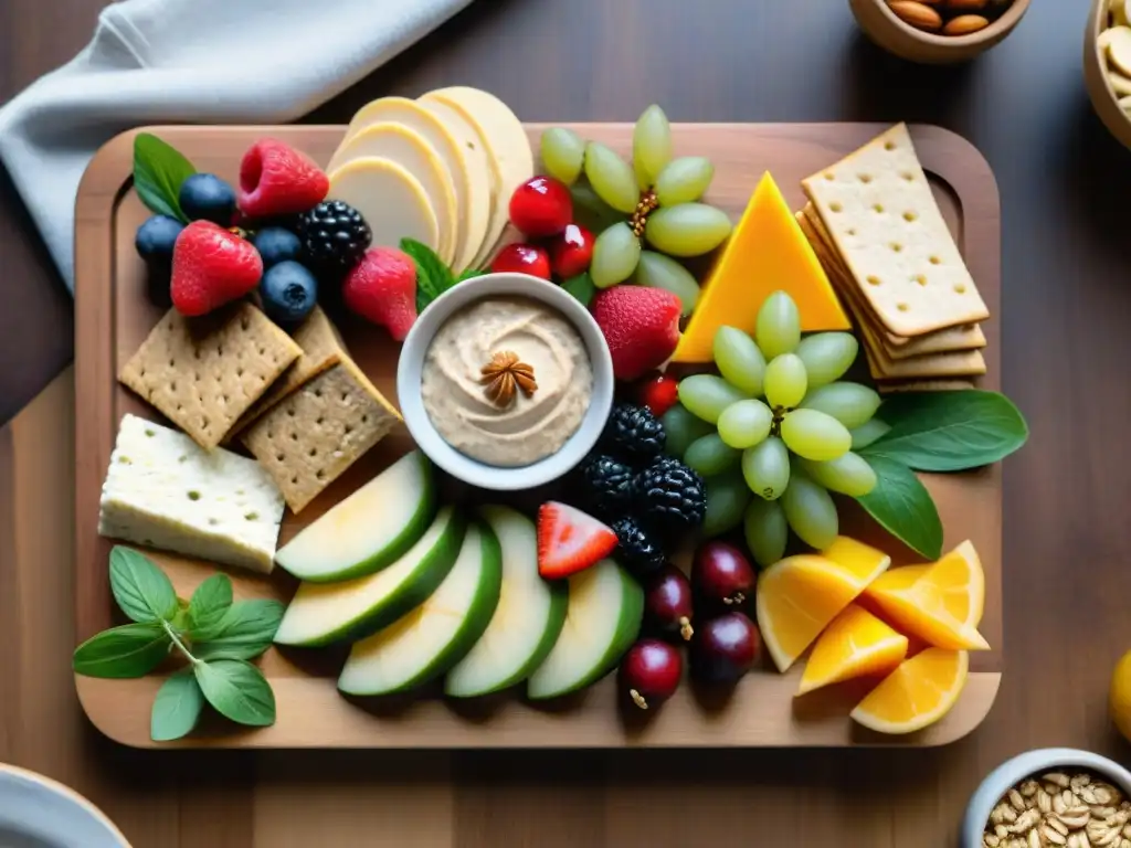 Un festín de snacks saludables para bienestar integral: tabla vibrante con frutas frescas, frutos secos, crackers y proteínas magras