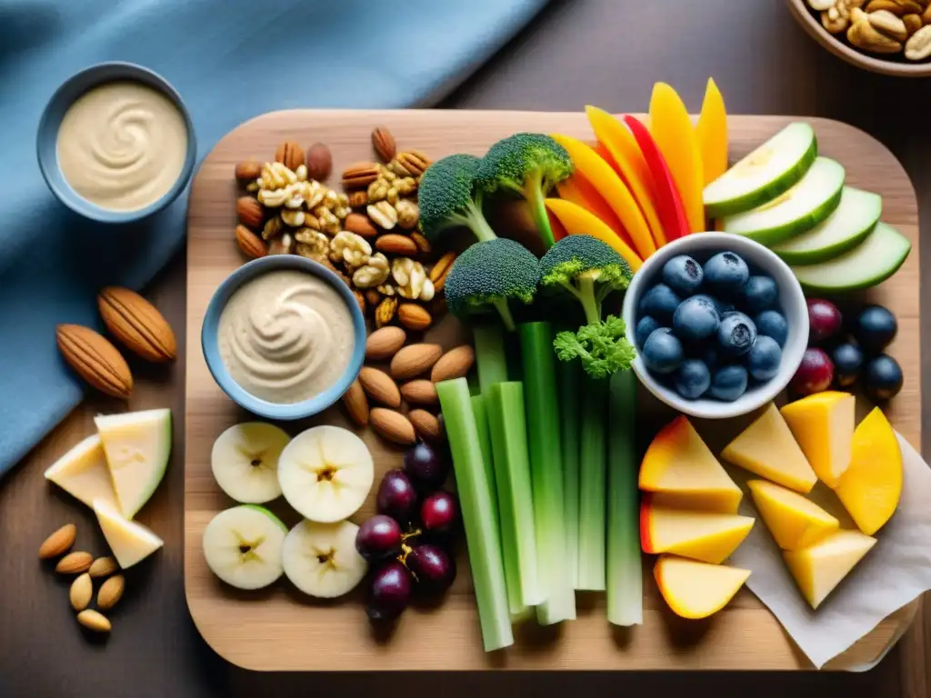 Un festín de snacks saludables para bienestar integral: frutas frescas, frutos secos y verduras con hummus, en una tabla de madera vibrante