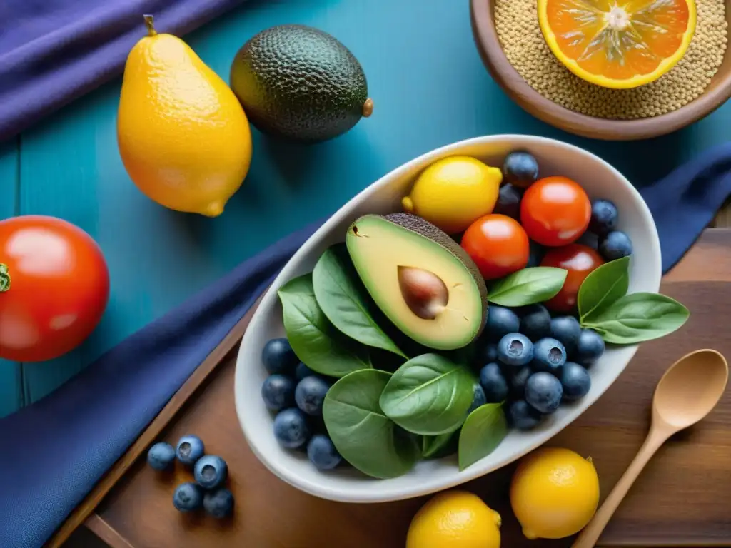 Un festín de superfoods para dieta balanceada en Uruguay: aguacates, naranjas, tomates, espinacas, limones, arándanos y quinoa sobre mesa rústica