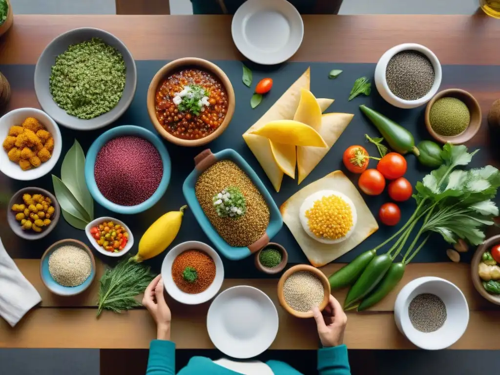 Un festín tradicional Charrúa en una mesa de madera: colores vibrantes y sabores únicos de la Dieta Charrúa sostenible en Uruguay