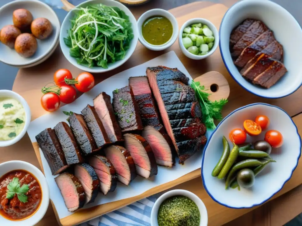 Un festín tradicional uruguayo al aire libre con asado y ensaladas coloridas, ideal para una dieta baja en carbohidratos en Uruguay