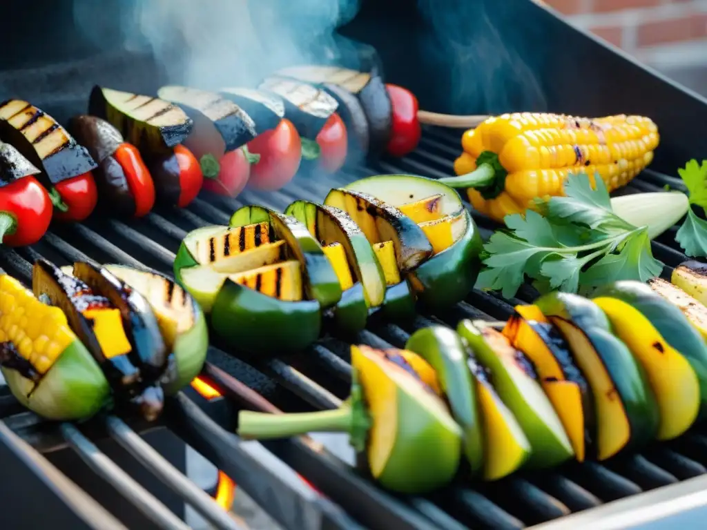 Un festín de vegetales a la parrilla, con pimientos rojos, maíz, champiñones y calabacines, en una parrilla en un patio soleado