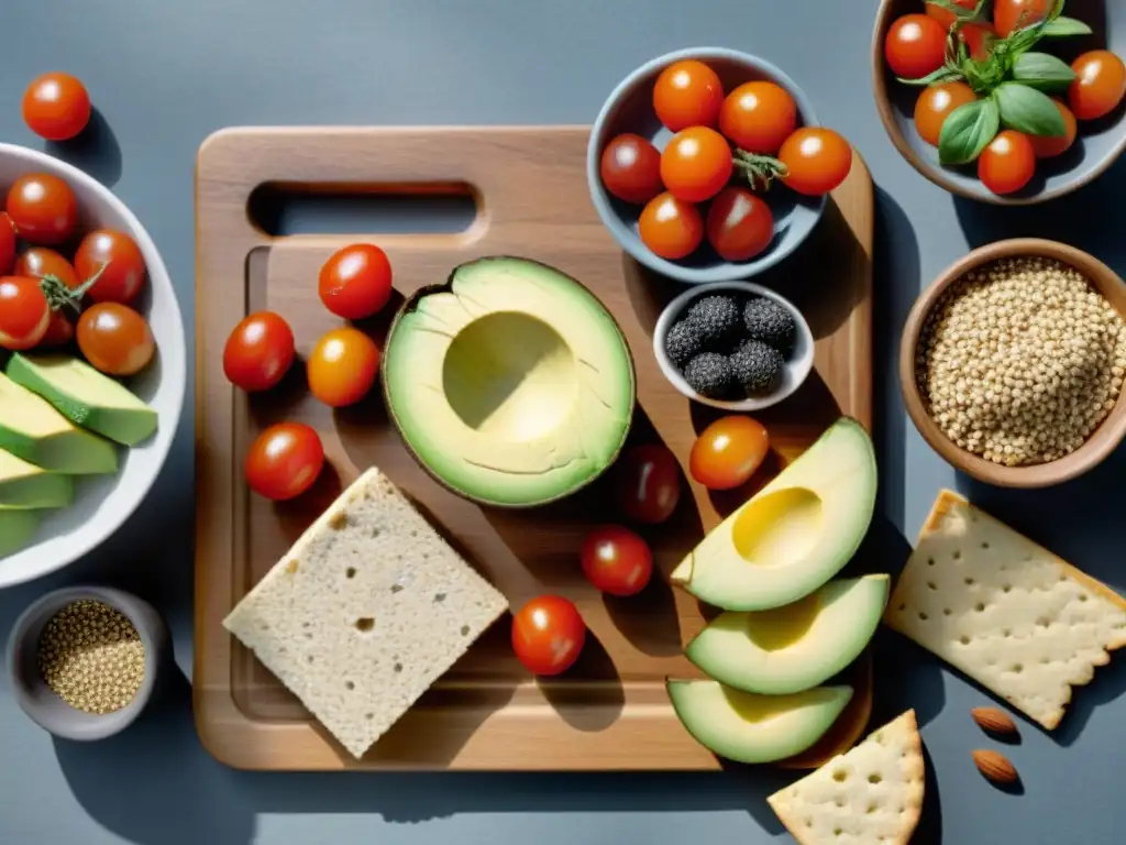 Un festín vibrante de snacks saludables para bienestar integral en un moderno tablero de madera